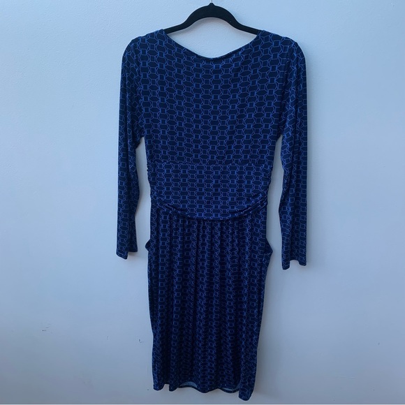 Onjenu London Women’s Size 14 Blue Navy Print Dress Stretch Ruched Waist Pockets - Picture 4 of 7